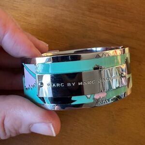 Marc by Marc Jacobs Silver Mint Green Enamel Cuff, Hinged Bangle Bracelet, Sz S